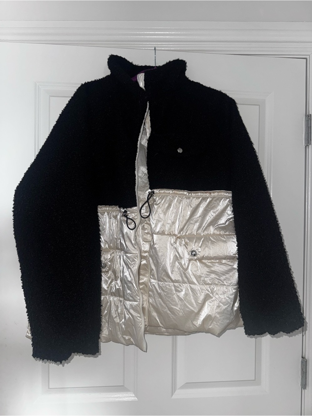 Maeve Black Sherpa and Silver Metallic Puffer Jacket